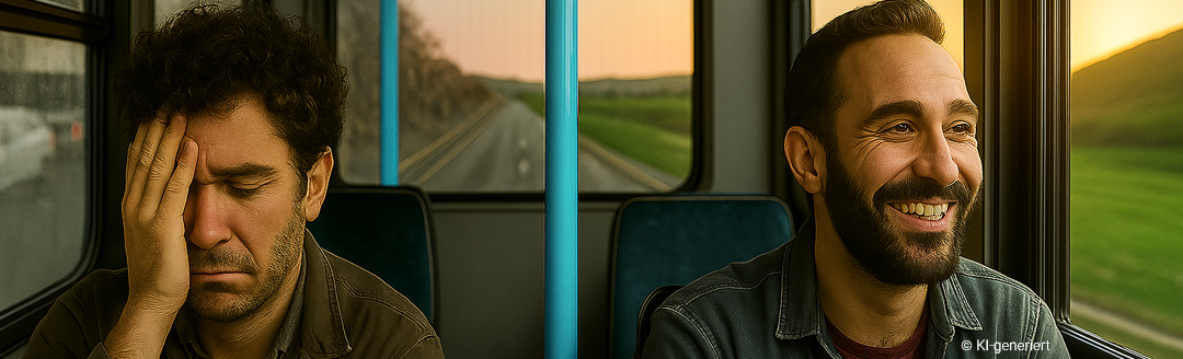 2 Männder sitzen in einem Bus. Einer sieht bedrückt aus, der andere fröhlich