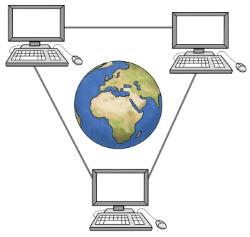 3 Laptops im Dreieck, in der Mitte ein Globus