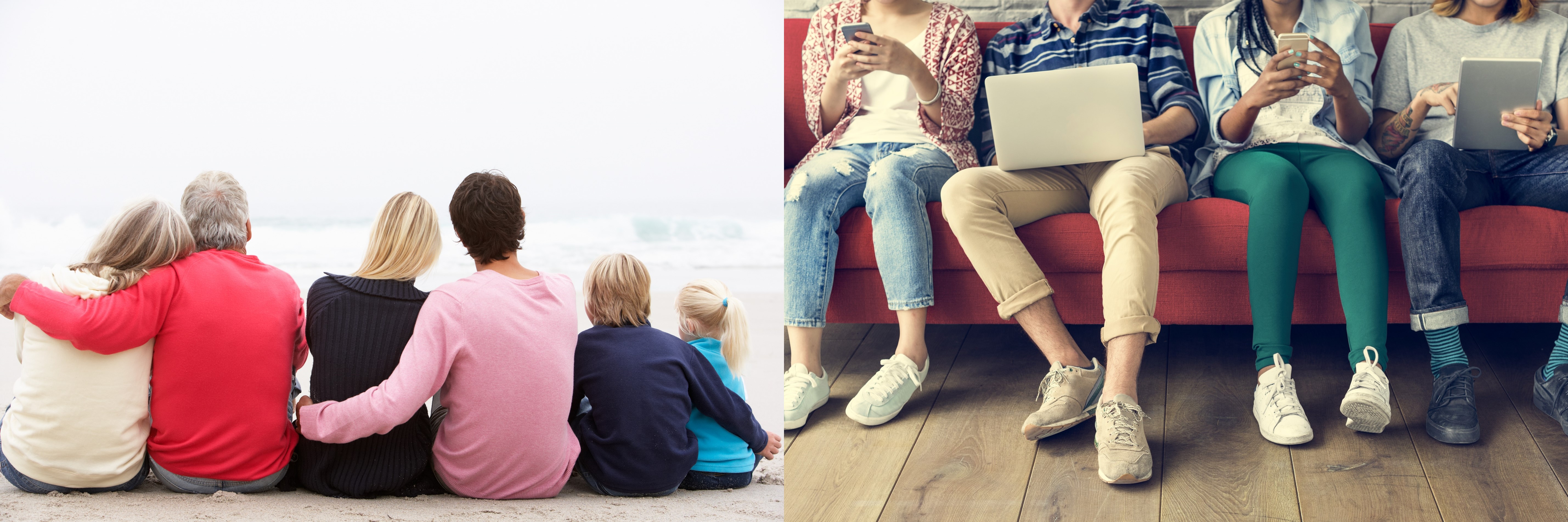 2 Bilder, links - eine sechsköpfige Familie von hinten und rechts - vier Personen auf einem Sofa mit Handy, Laptop und Ipad in der Hand